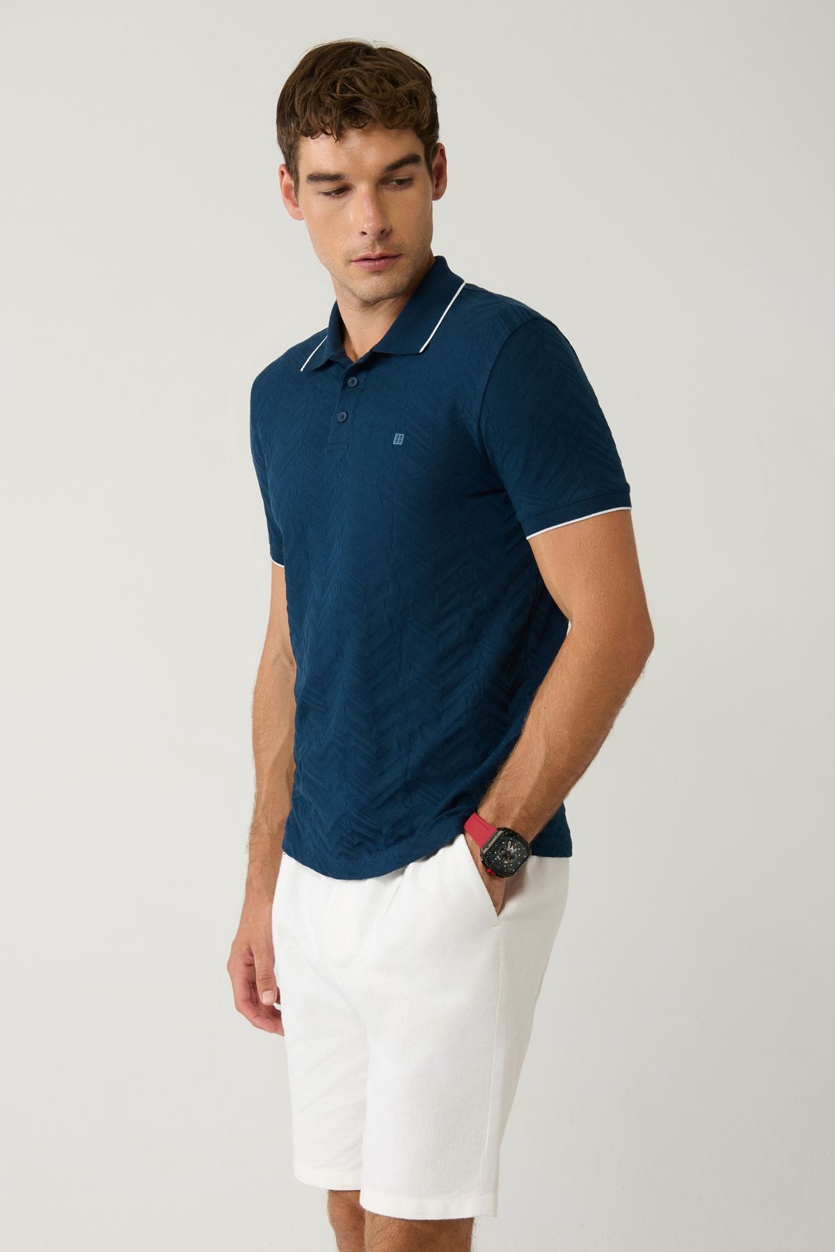 Erkek Lacivert %100 Pamuk 3 Düğmeli Jakarlı Polo Yaka T-shirt A41y1147