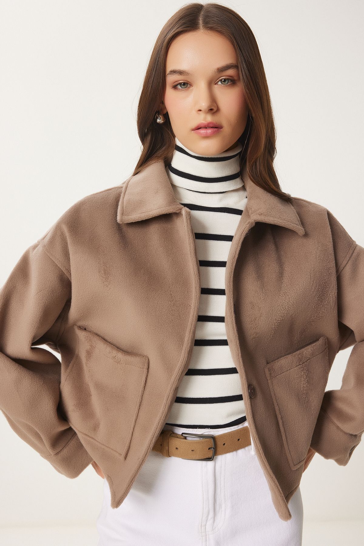 Female mink wide pocket soft stamp jacket FN03445