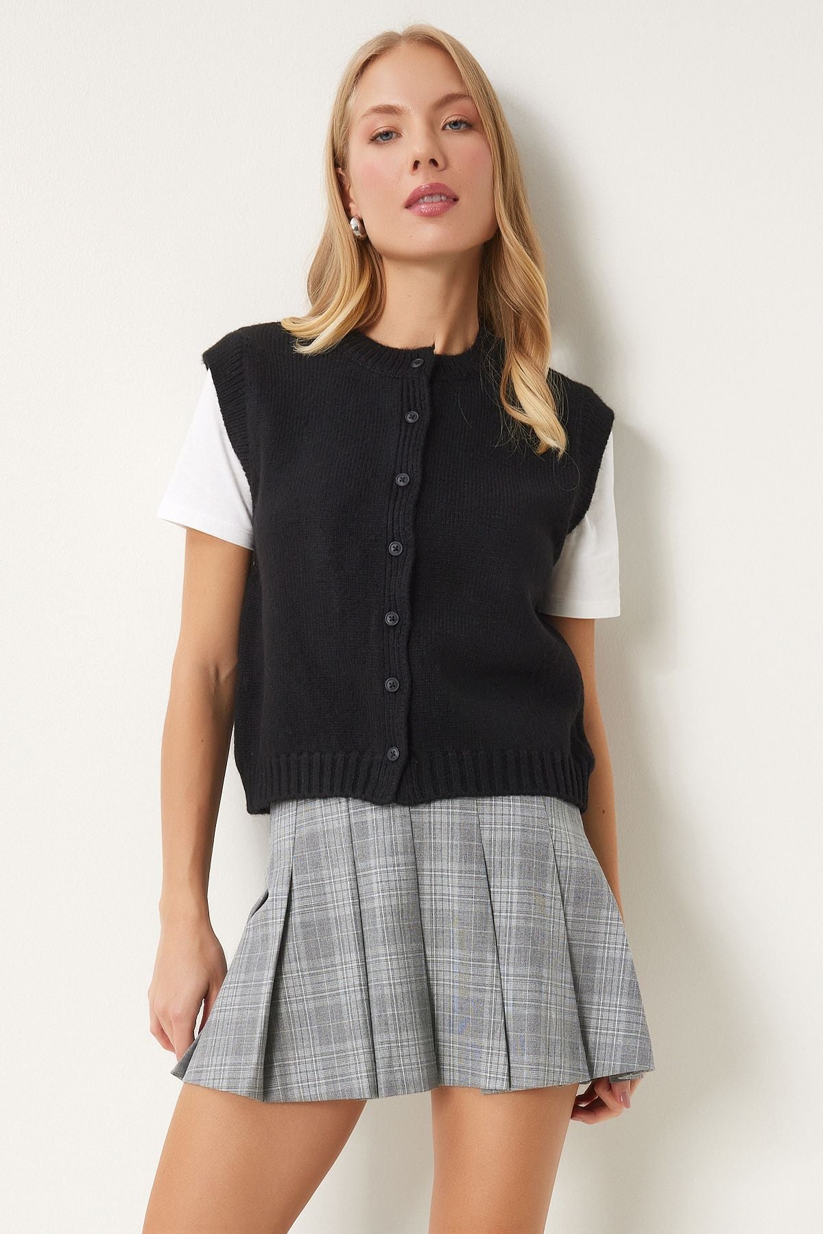 Women's black bike collar button knitwear vest US00947