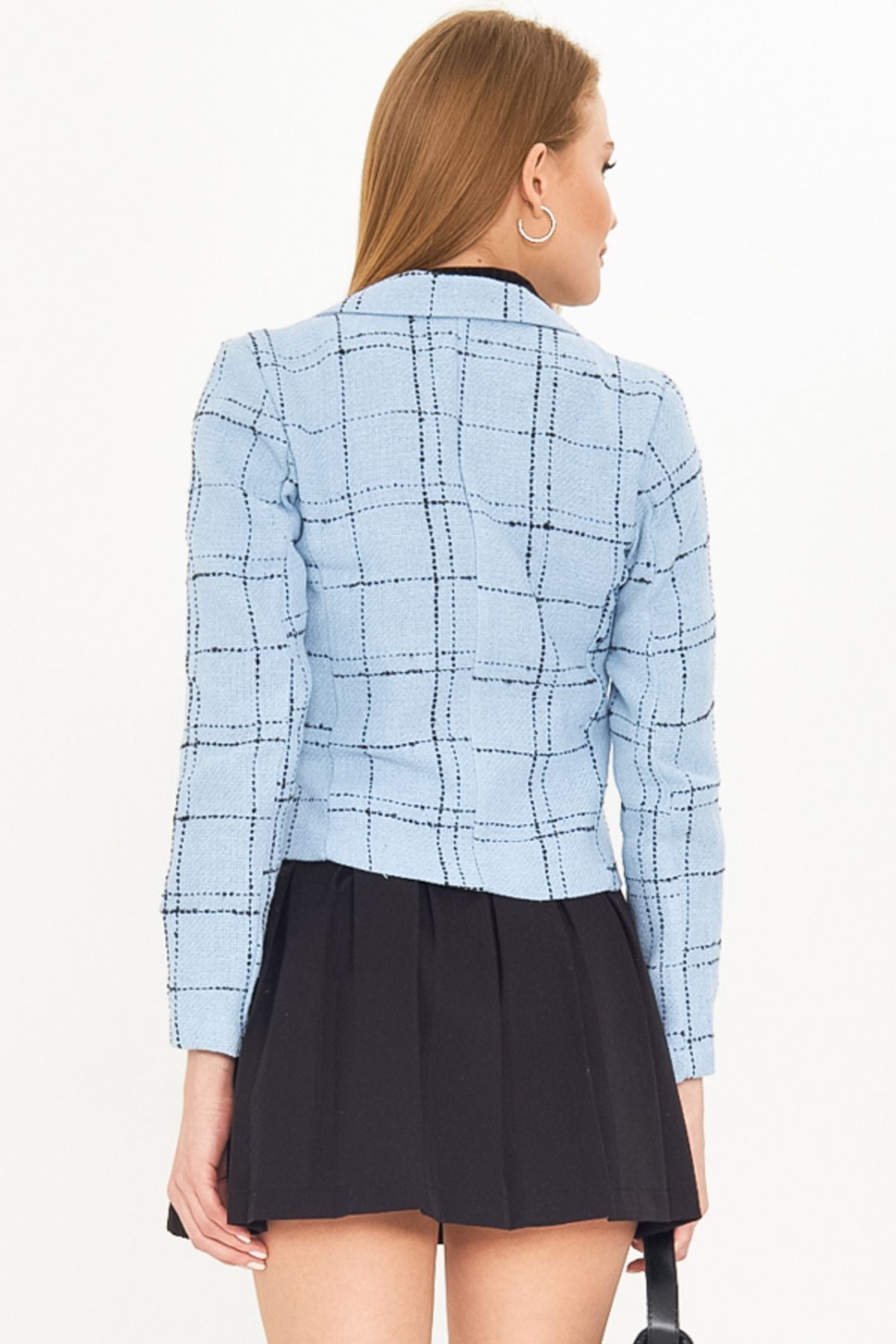 Women's Blue-Black Cruve Yaka Tüvit Crop Jacket ARM-24K001014