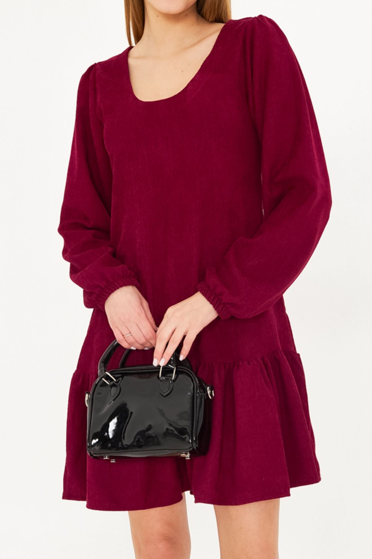 Women's Pins U collar skirt tip frilly arms with rubber velvet short dress ARM-25K001086