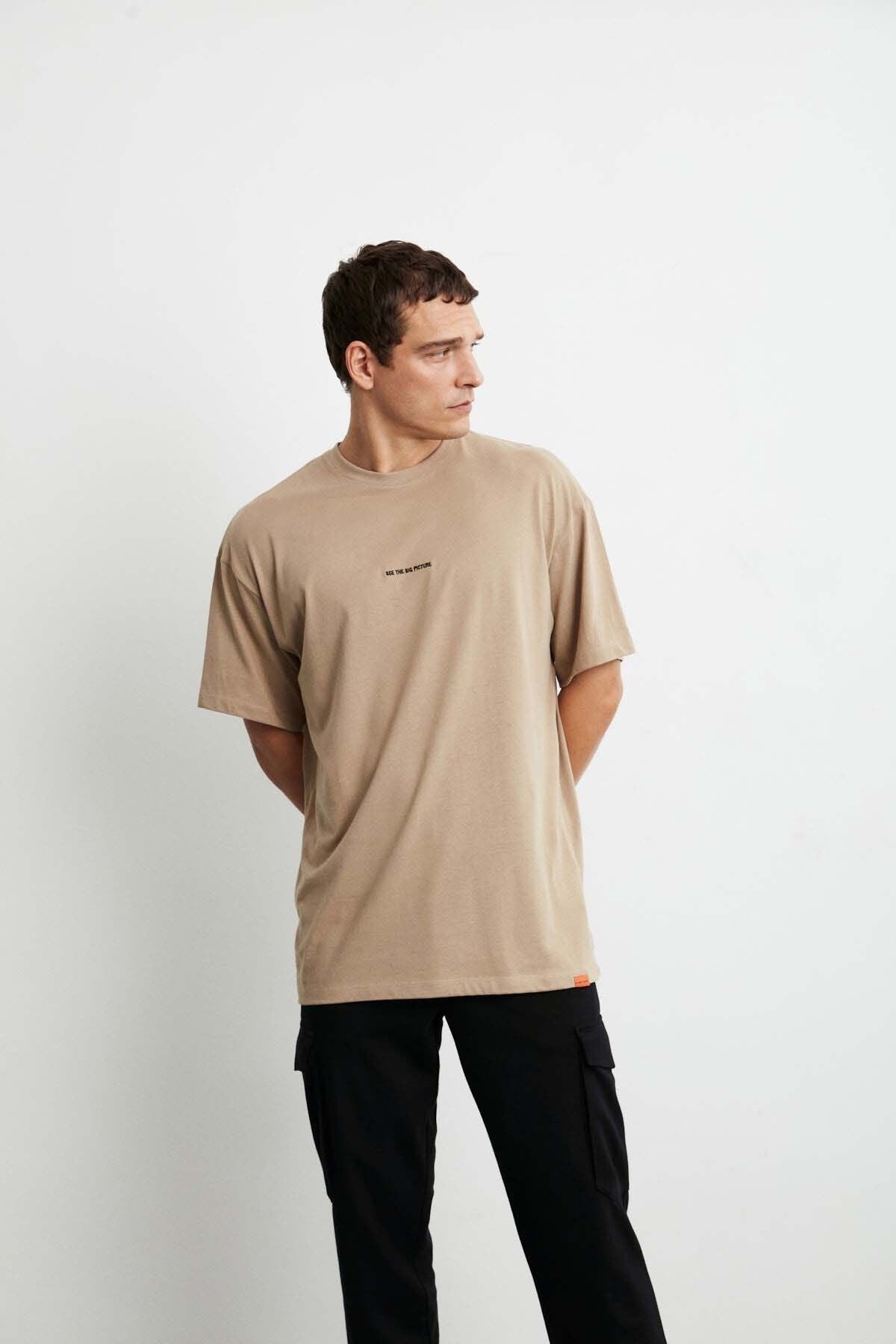 Rıver Men's Oversizle Fit front embroidery 100 %cotton beige t-shirt