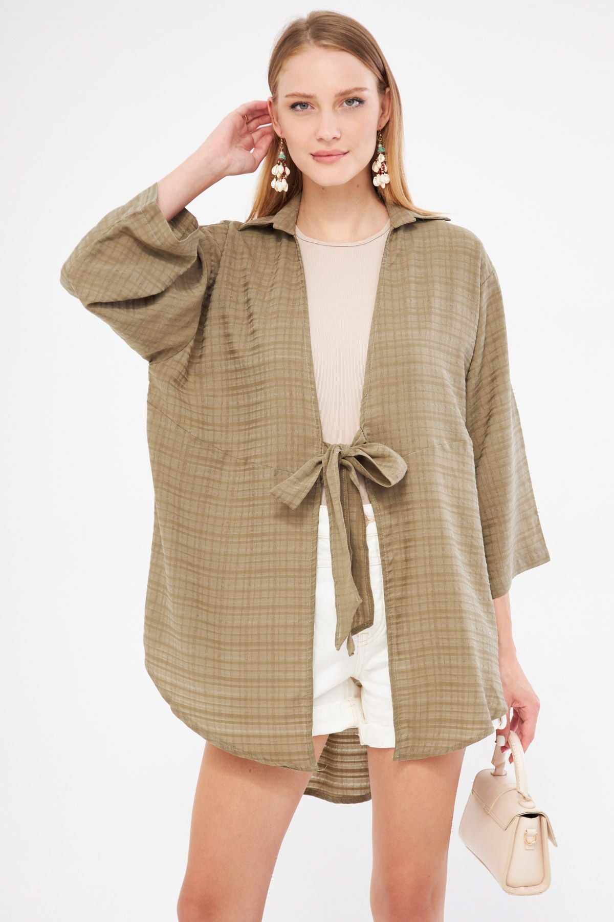 Woman Khaki Self-striped front connect Kimono Shirt ARM-24Y001101