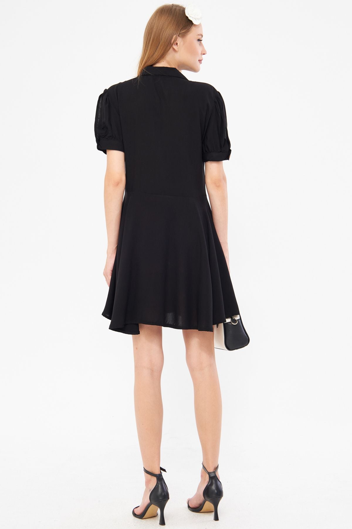 Female black shirt collar handle slit detailed closh watermelon sleeve dress ARM-24Y001083