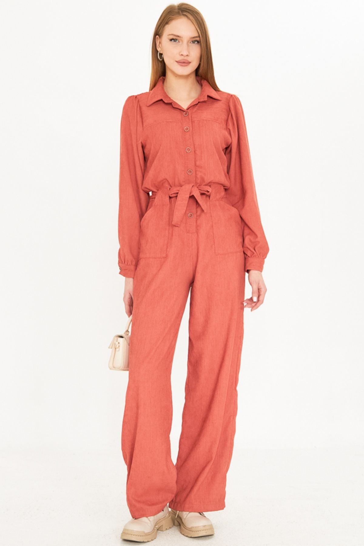 Female salmon with front buttoned pocket belt velvet overalls ARM-25K001084