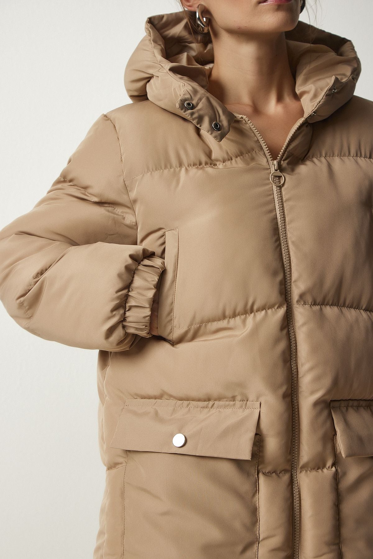 Female Beige Hooded Inflatable Coat HK00023