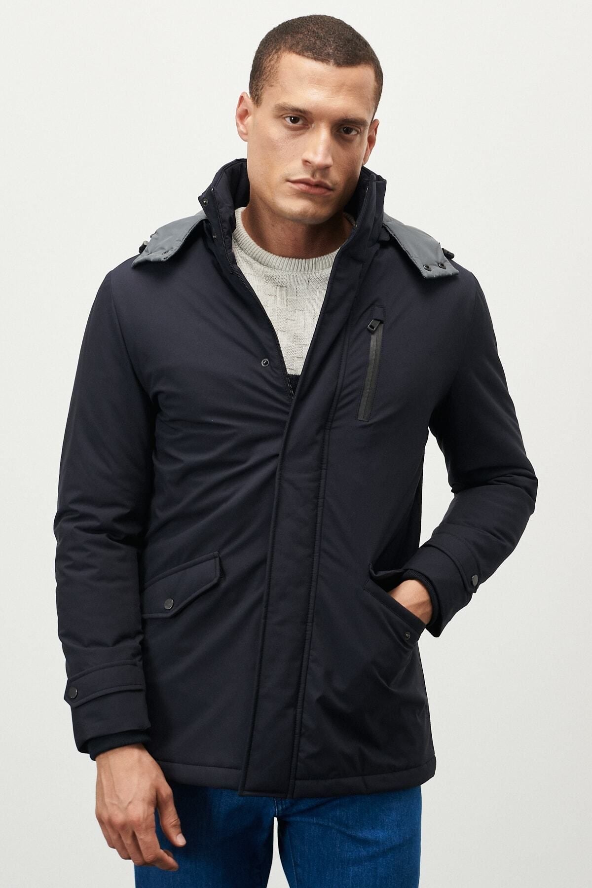 Men's Indigo Standard Fit Normal Normal Cutting Hooded cold -proof winter coat