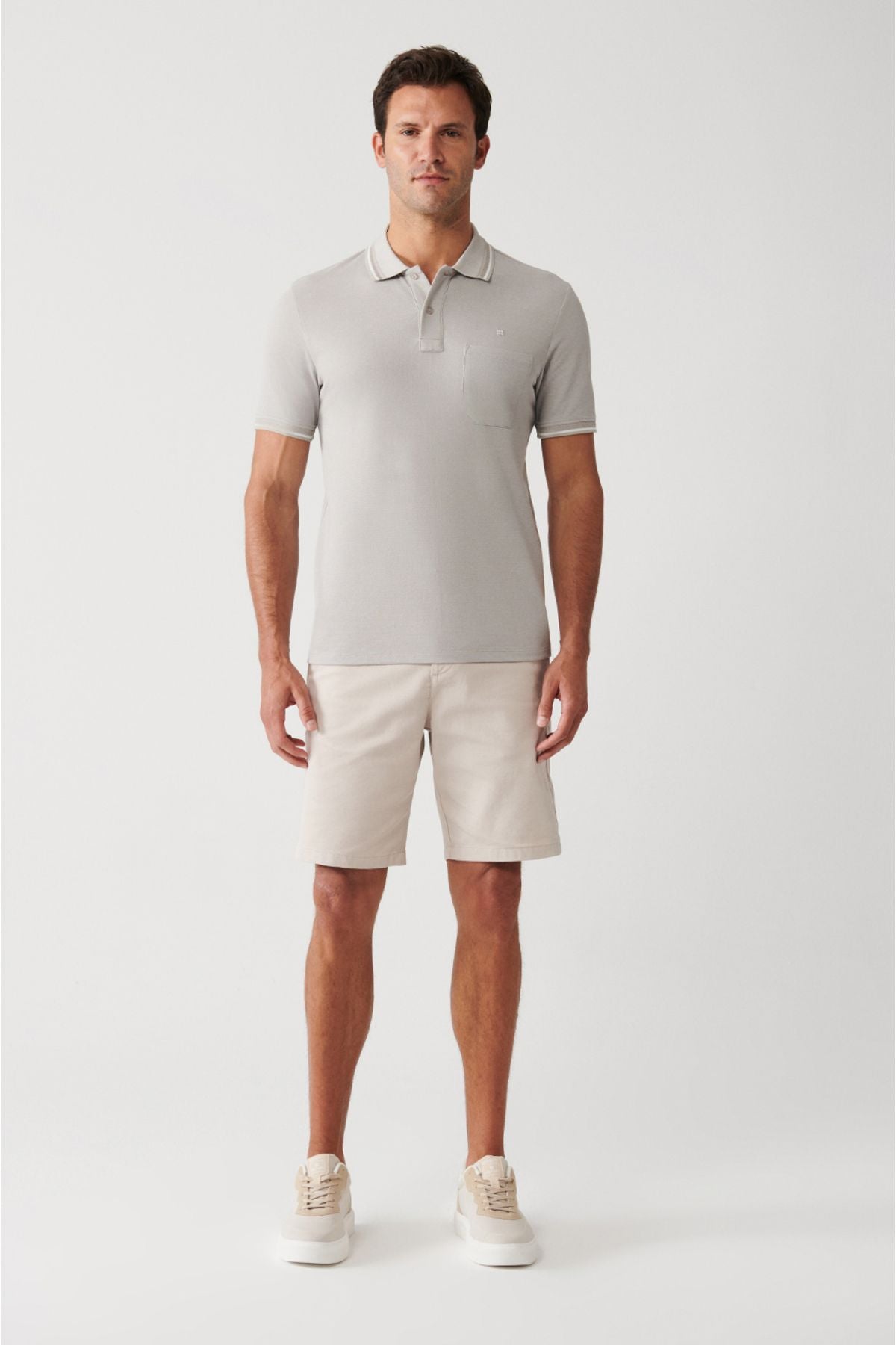 Men's Gray Curlled Neck Pocket 2 Button Polo Yaka T-shirt E001031