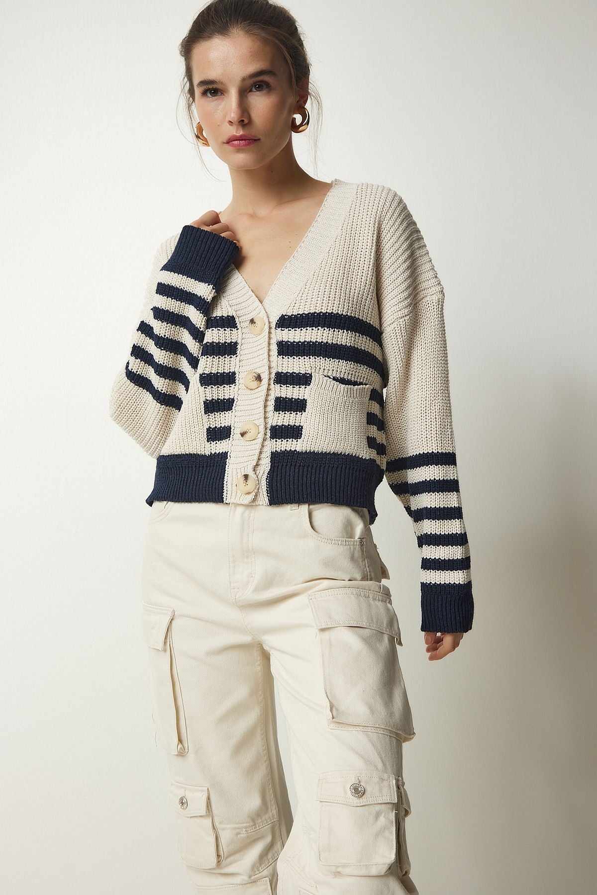 Woman Beige Navy blue striped knitwear cardigan MC00237