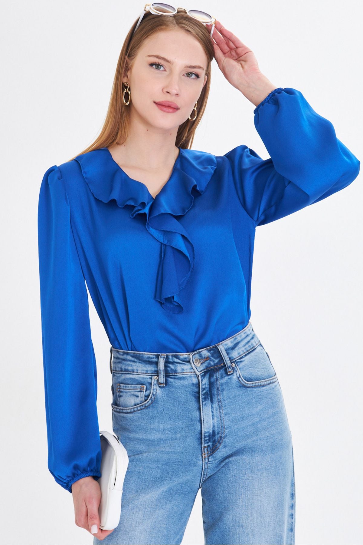WOMEN'S SPRING YAKLIZLI WRITTEN SHOOTED HANDLED HAND RAST COTTON SATIN BLOSE ARM-22K001059