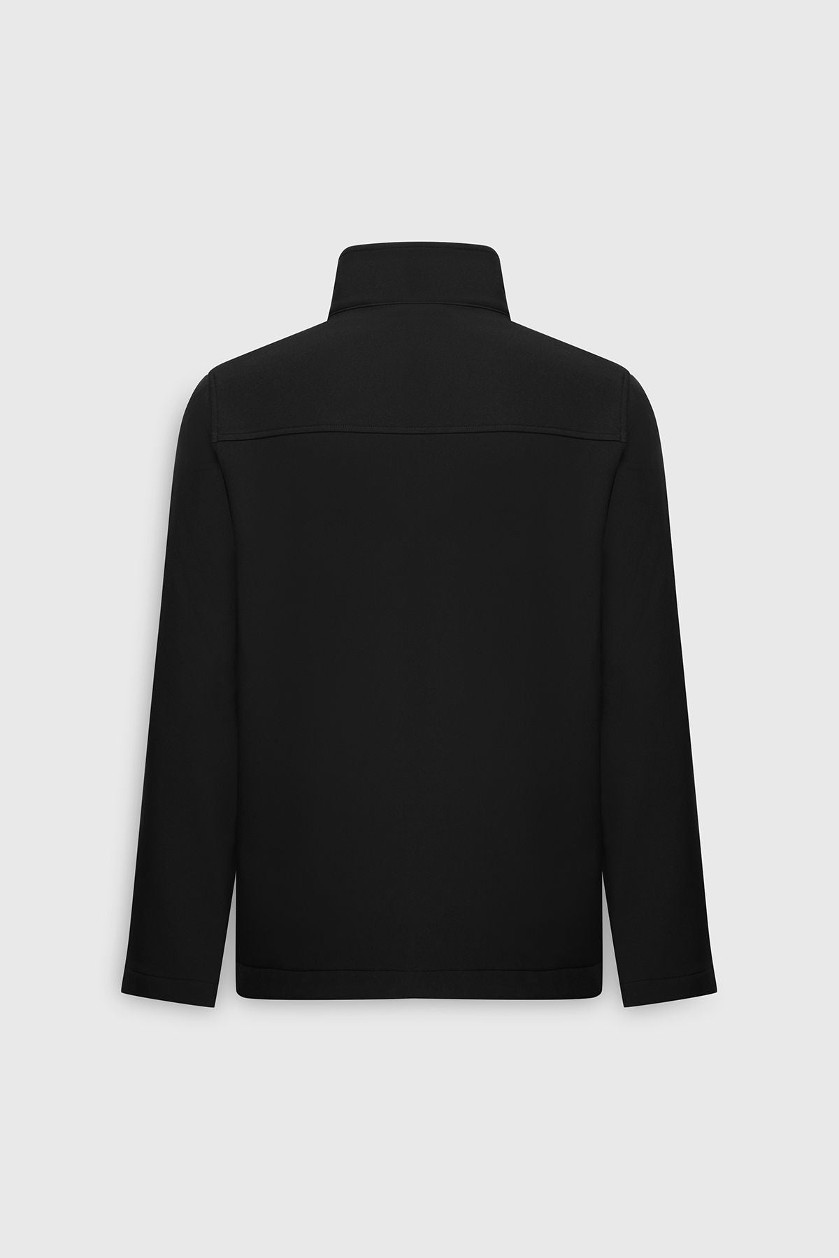 Men's black softshell standard fit normal cut upright collar zipper jacket with side pockets