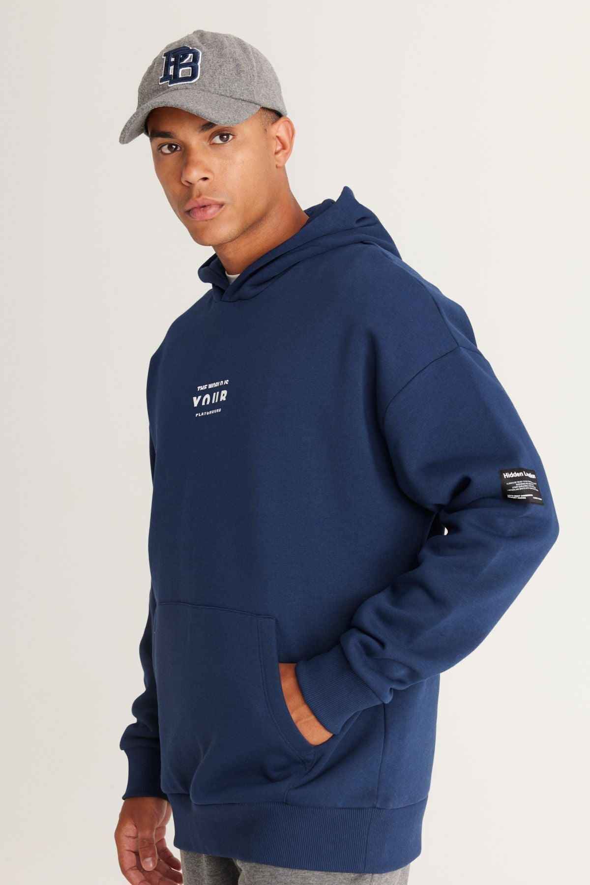 Men's Navy Blue Oversizle Fit Plenty Cut Hooded 3 -IP Cotton Sweatshirt