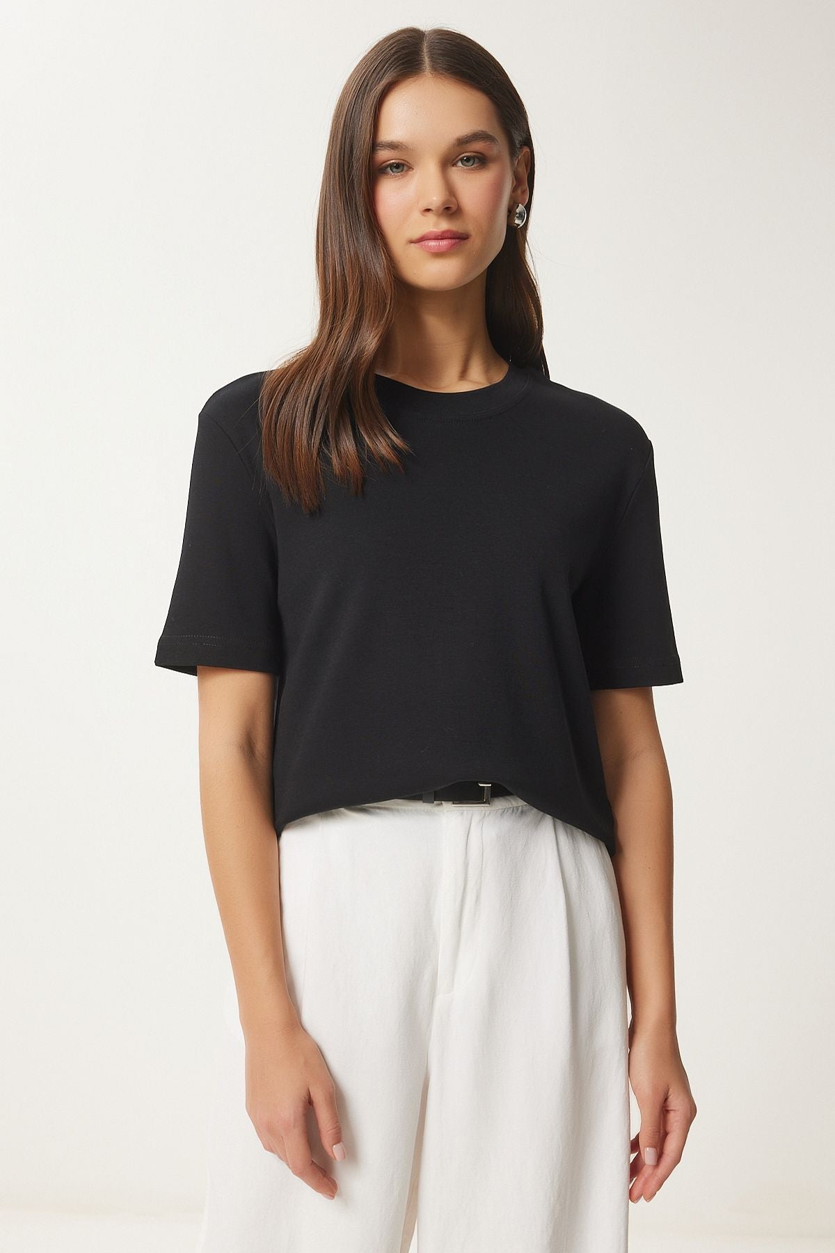 Woman Black Cotton Basic Knitting T-Shirt AG00001