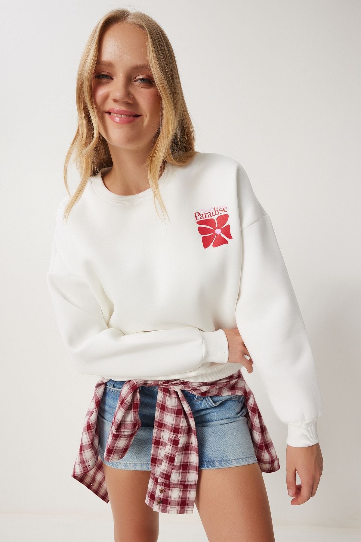 Woman Ecru Printed Shadon Knitting Sweatshirt BF00099