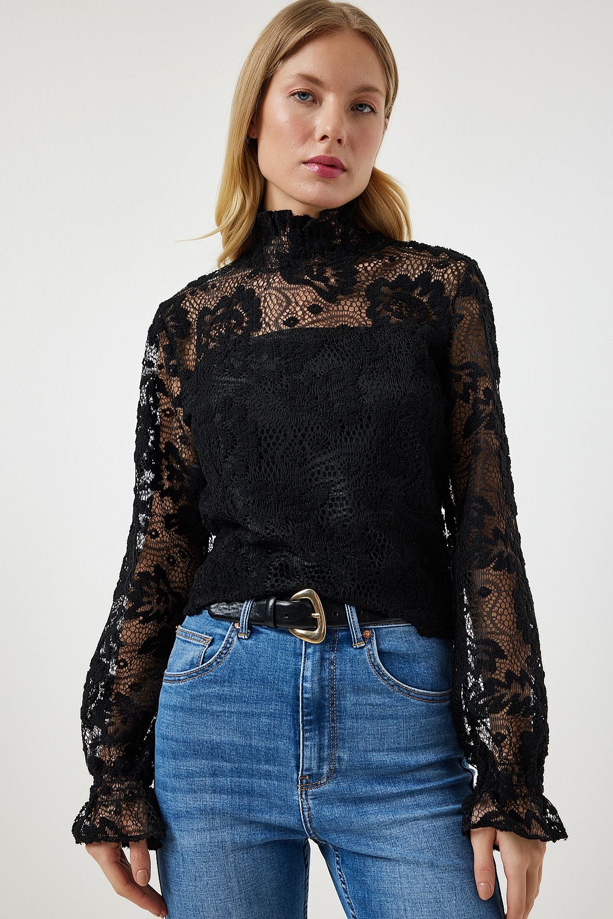 Black upright collar lace stylish blouse tp00022