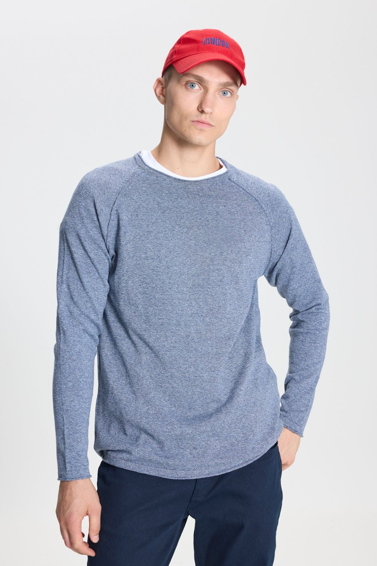 Men's Indigo-Ekru Standard Fit Normal Normal Class Bike Cotton Muline Patterned Knitwear Kazakh