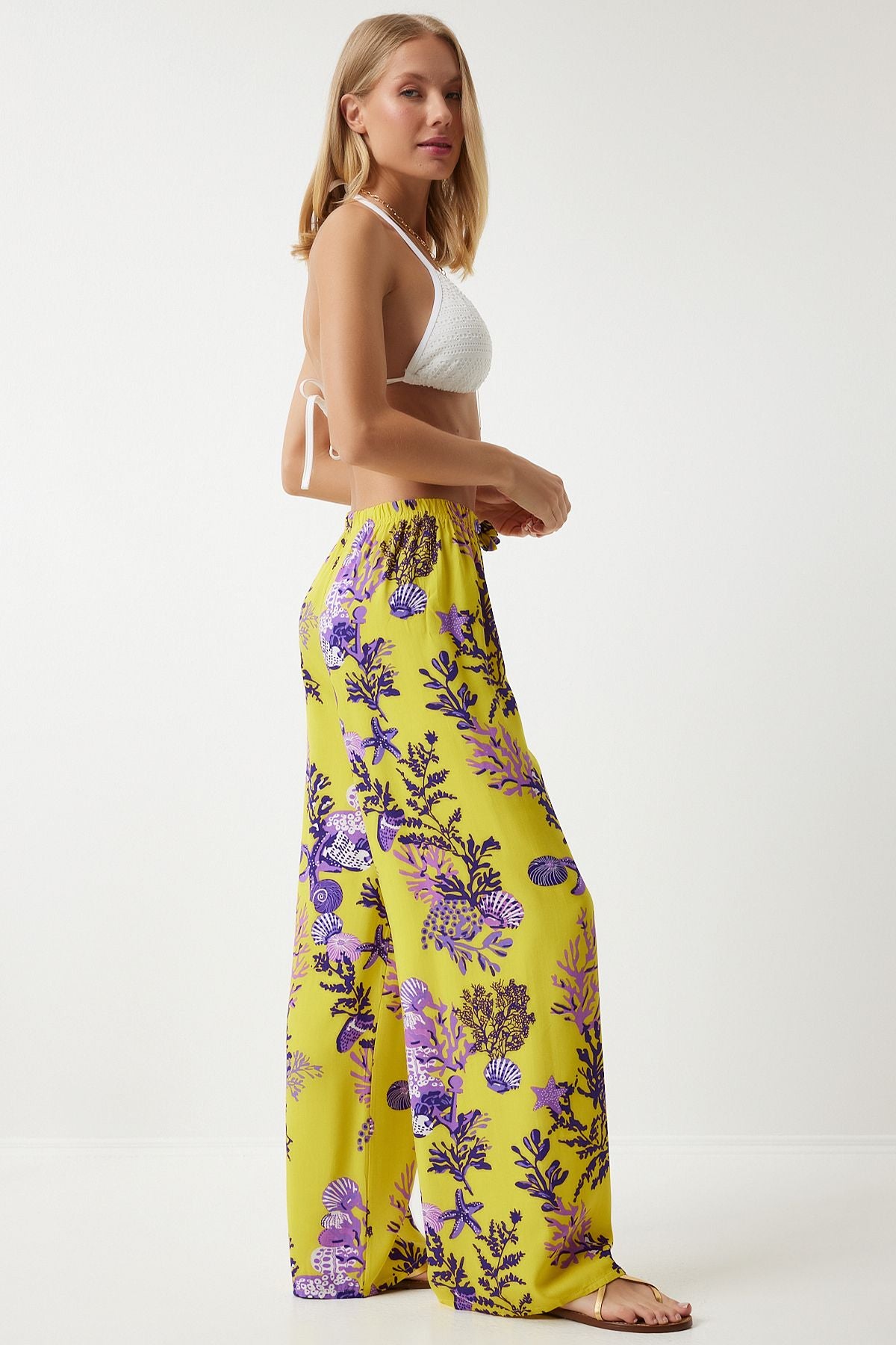 Woman Yellow Purple Patterned Viscose Palazzo Pants EN00606