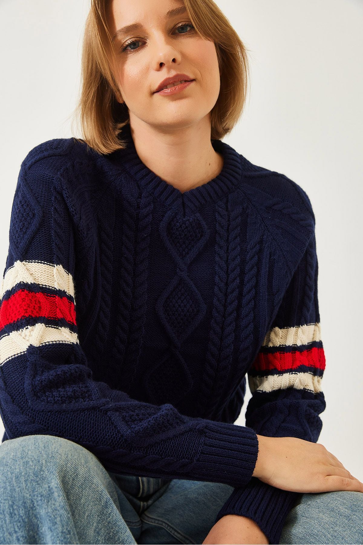 Women's V -Neck Patterned Knitwear Kazakh 20246919