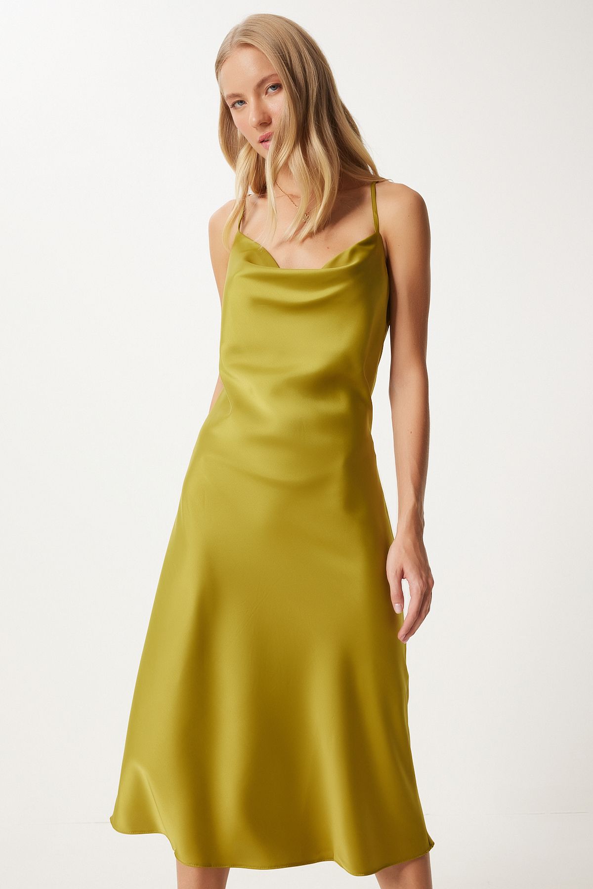 Women's Fat Green Degage Collar Satin Surface Dress FN03300
