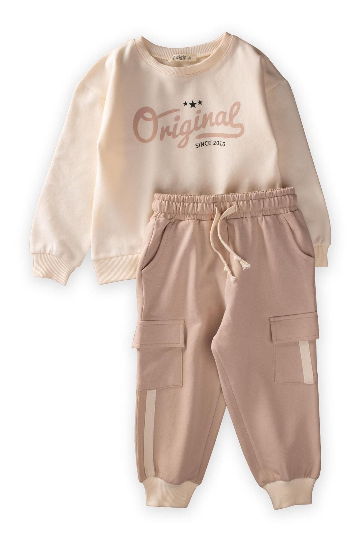 Original Printed Cargo Pants Sweatshirt Set 2-10 Age Ecru