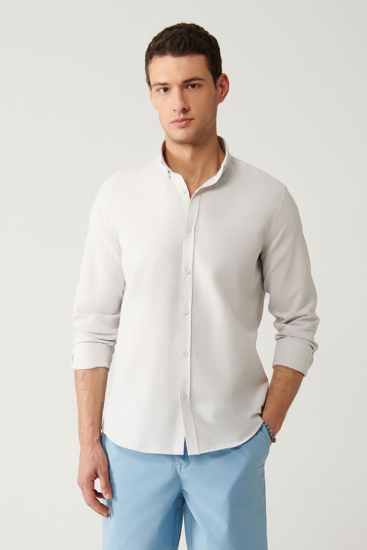 Men's gray button collar easily ironed cotton Oxford Shirt E002000