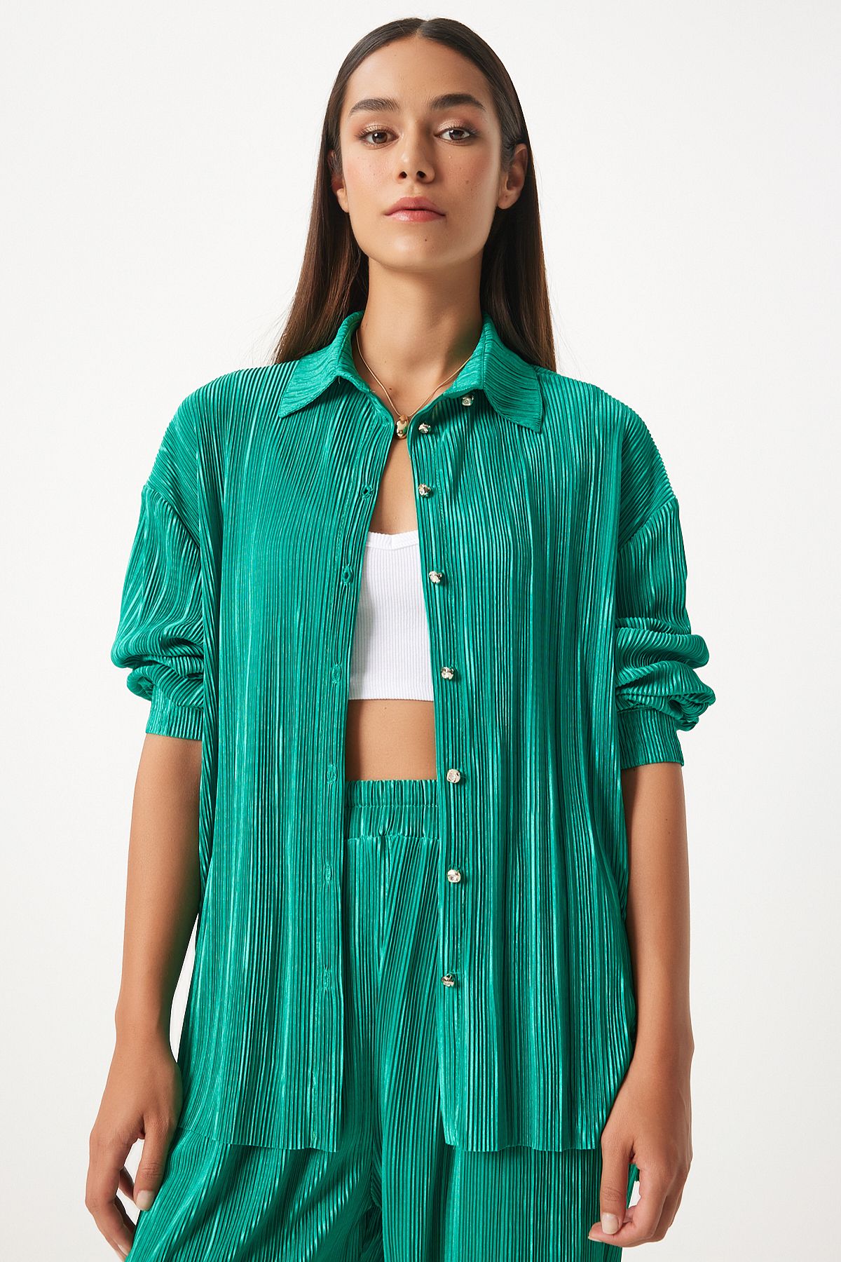 Female Green Stylish Buttoned Filis Pants Pants Set FN03235