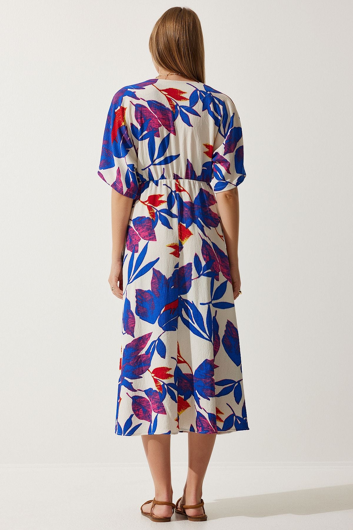 Woman Ecru Blue Anvelop Yaka Patterned Knitting Dress DK00167