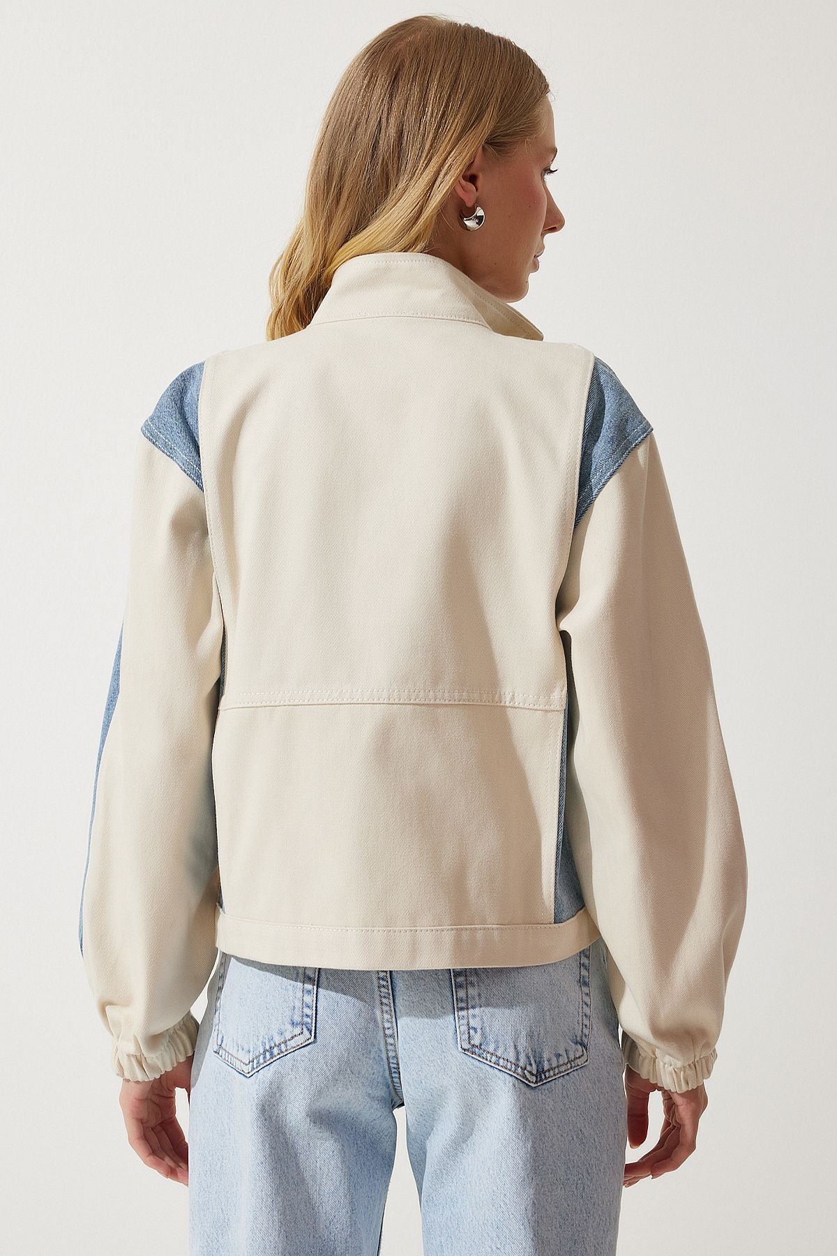 Women's cream blue block colored gabardin jacket rv00181