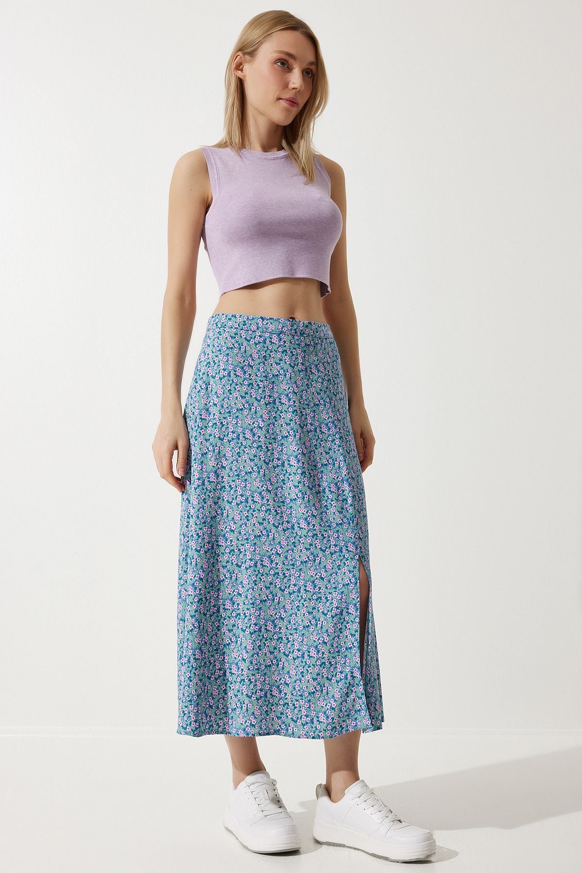 Woman Pink Blue Flower Swittish Summer Viscose Skirt MX00165