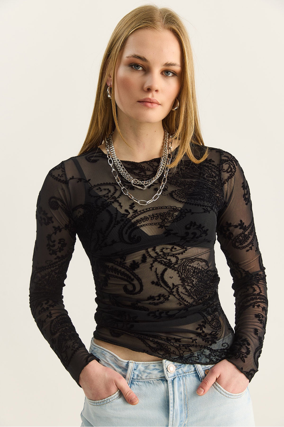 Women's Crew Neck Gathered Sides Shawl Patterned Transparent Tulle Blouse 6114 60283925