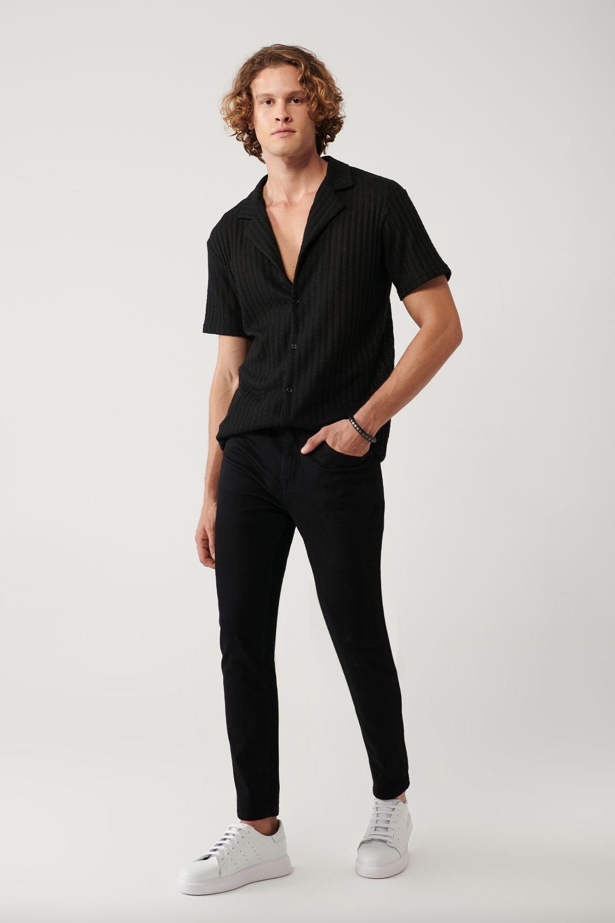 Men's black rinsa washed flexible cotton jeans pants A41y3513