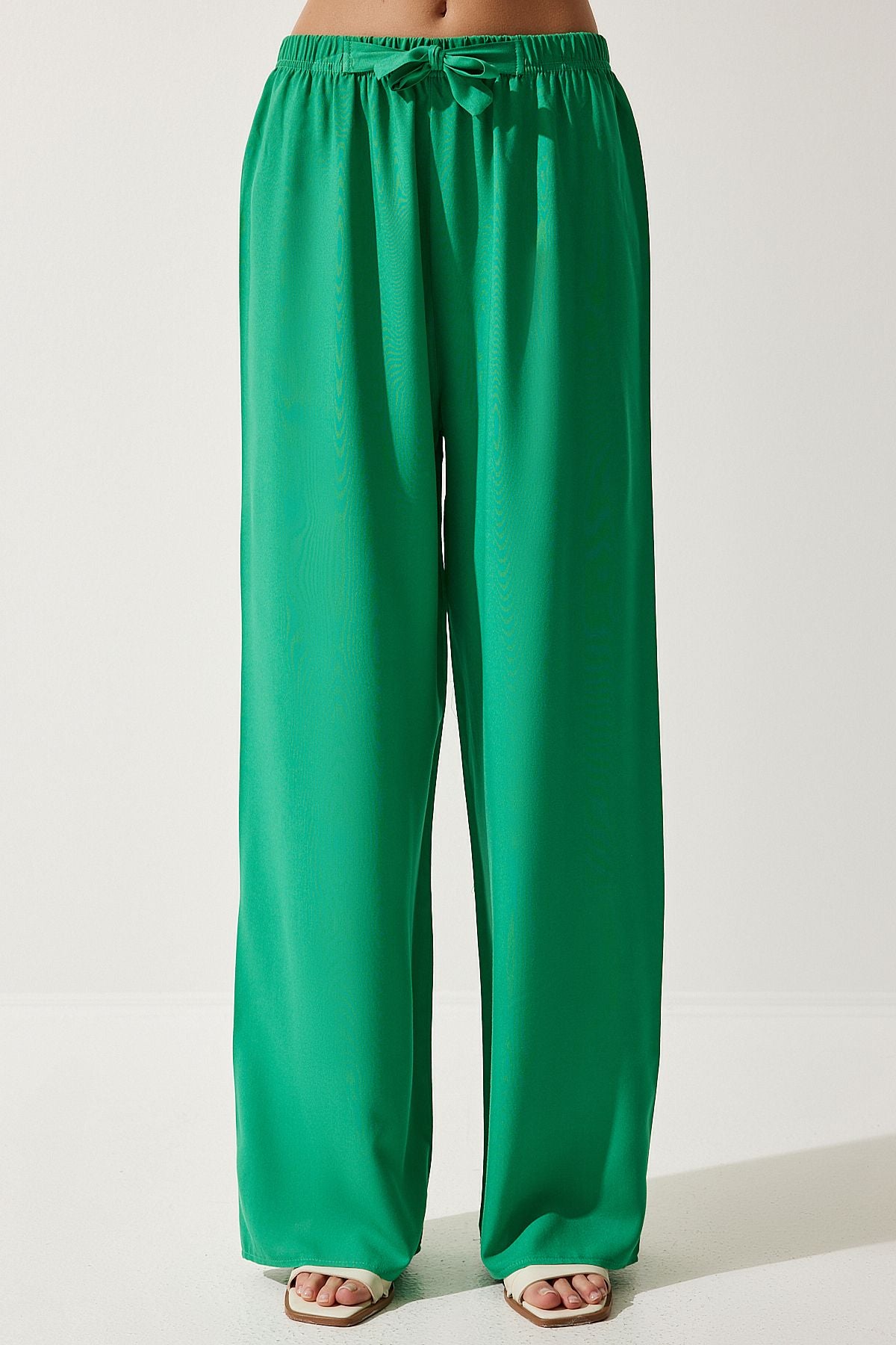 Woman Light Green Summer Viscose Palazzo Pants EN00610