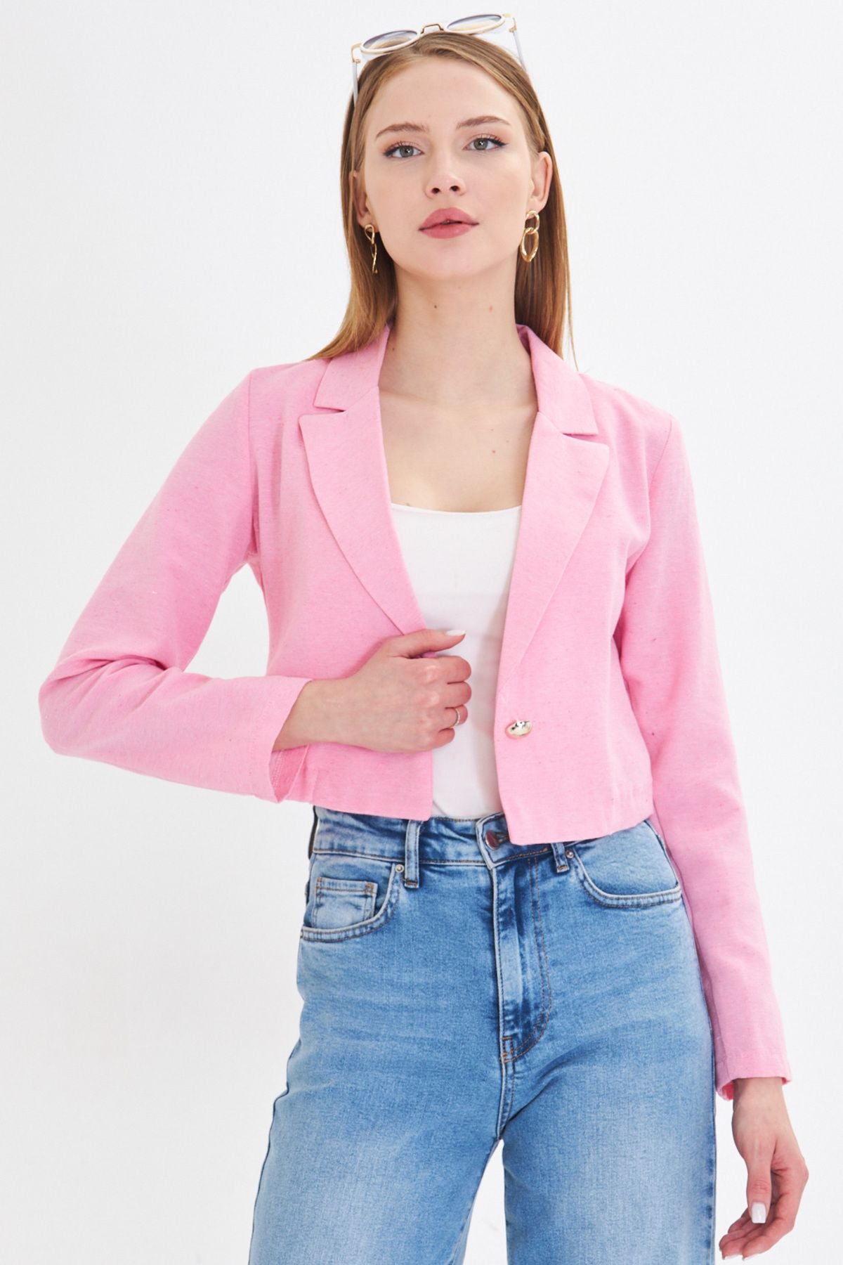 Woman Pink Single button Crop Jacket ARM-23Y001064