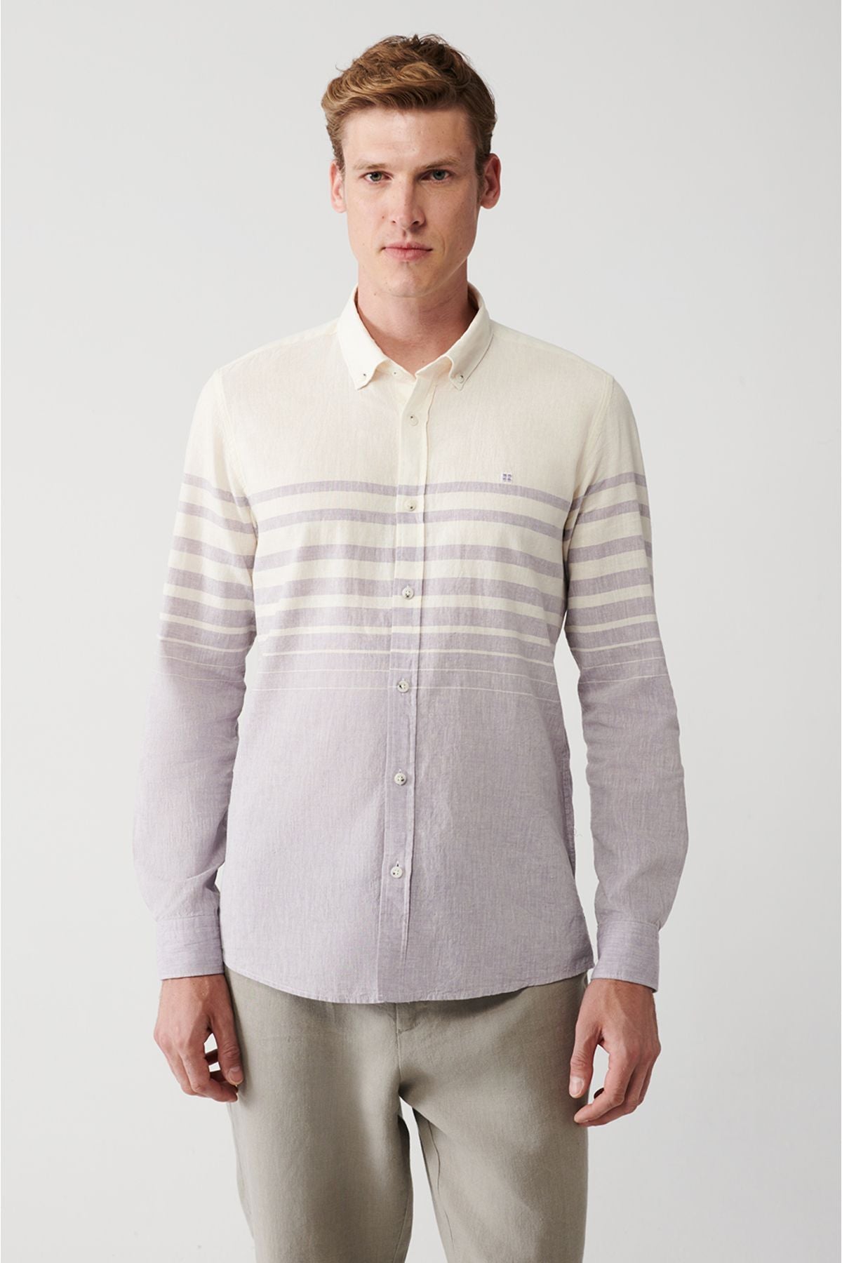 Men's light purple cotton linen mixed striped shirt A31y2268