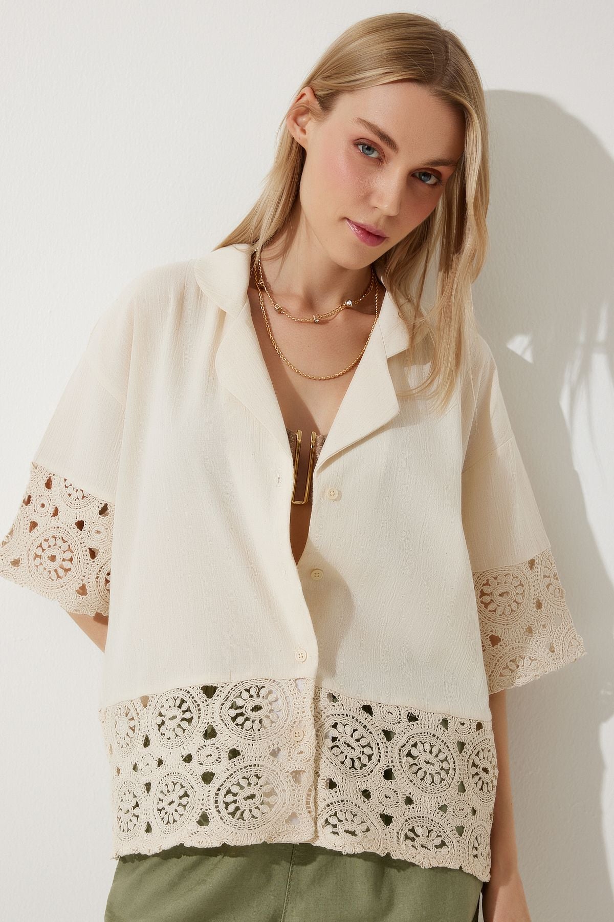 Female beige guipure raw linen shirt RG00033