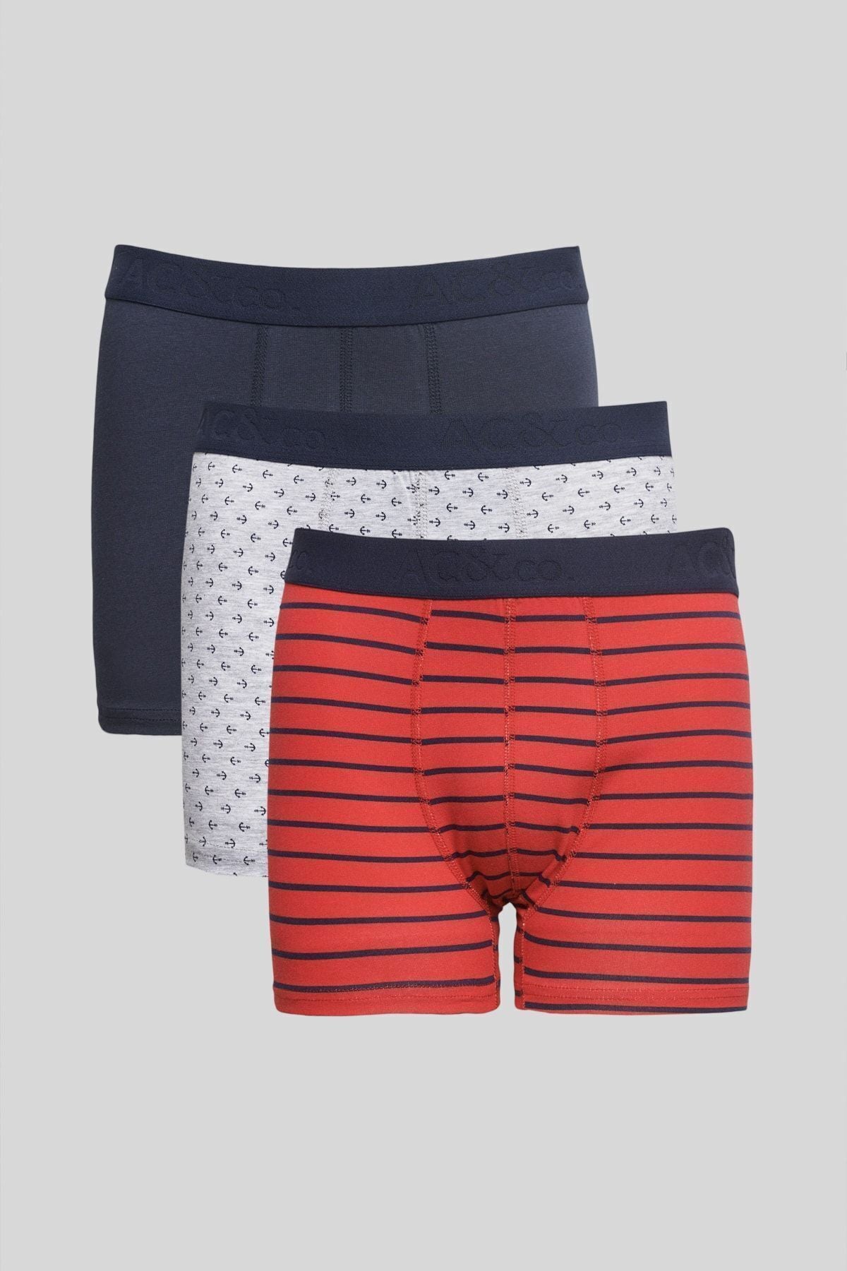 Men's Navy Blue-Red 3 Piece Cotton Flexible Boxer Package