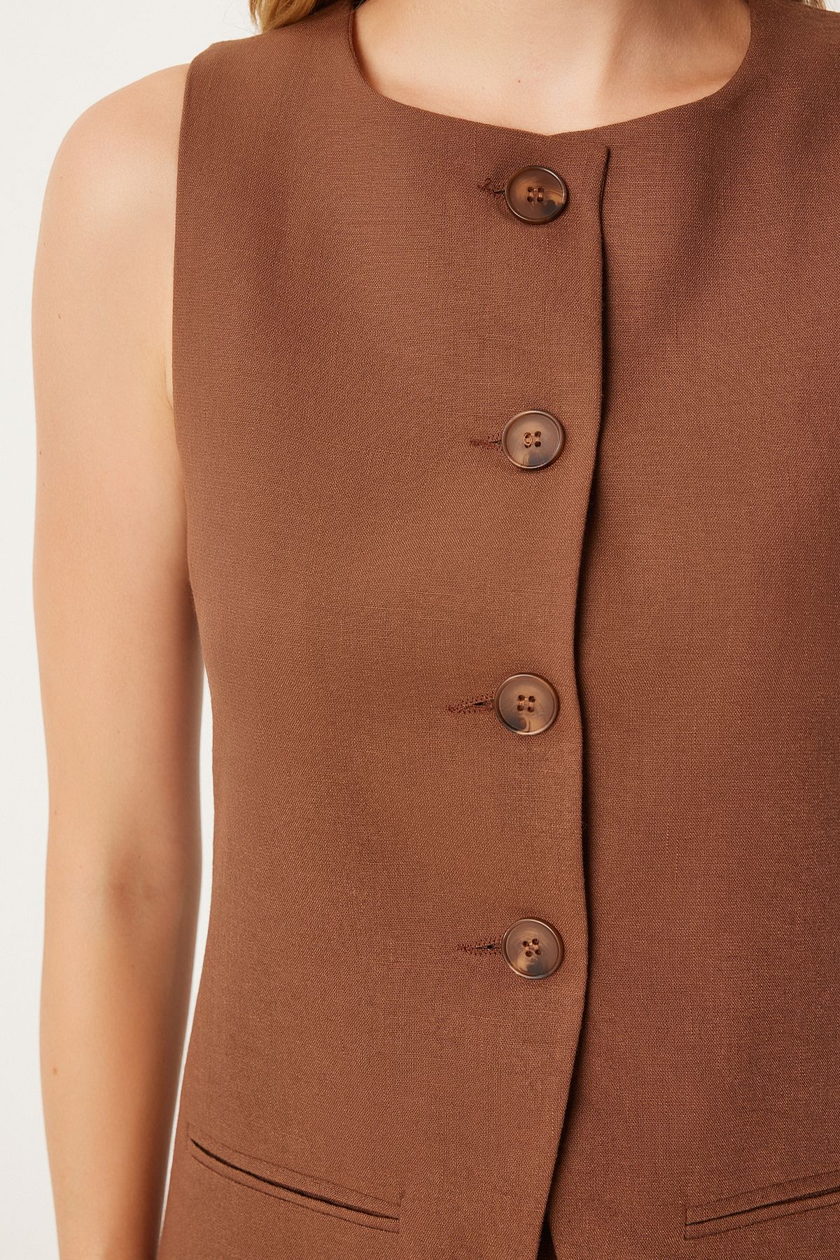 Women's Brown Fleto Pocket Detailed Long Weaving Vest FN03239
