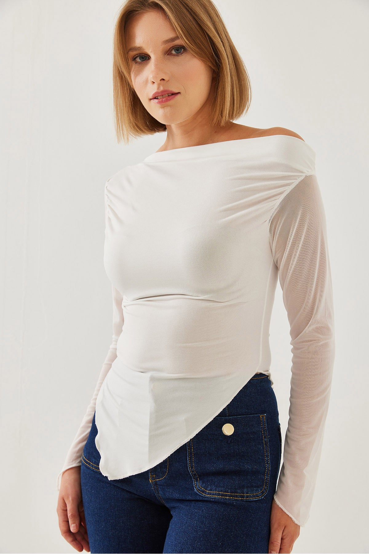 Women's Tulle Detail Asymmetrical Cut Blouse 60351210