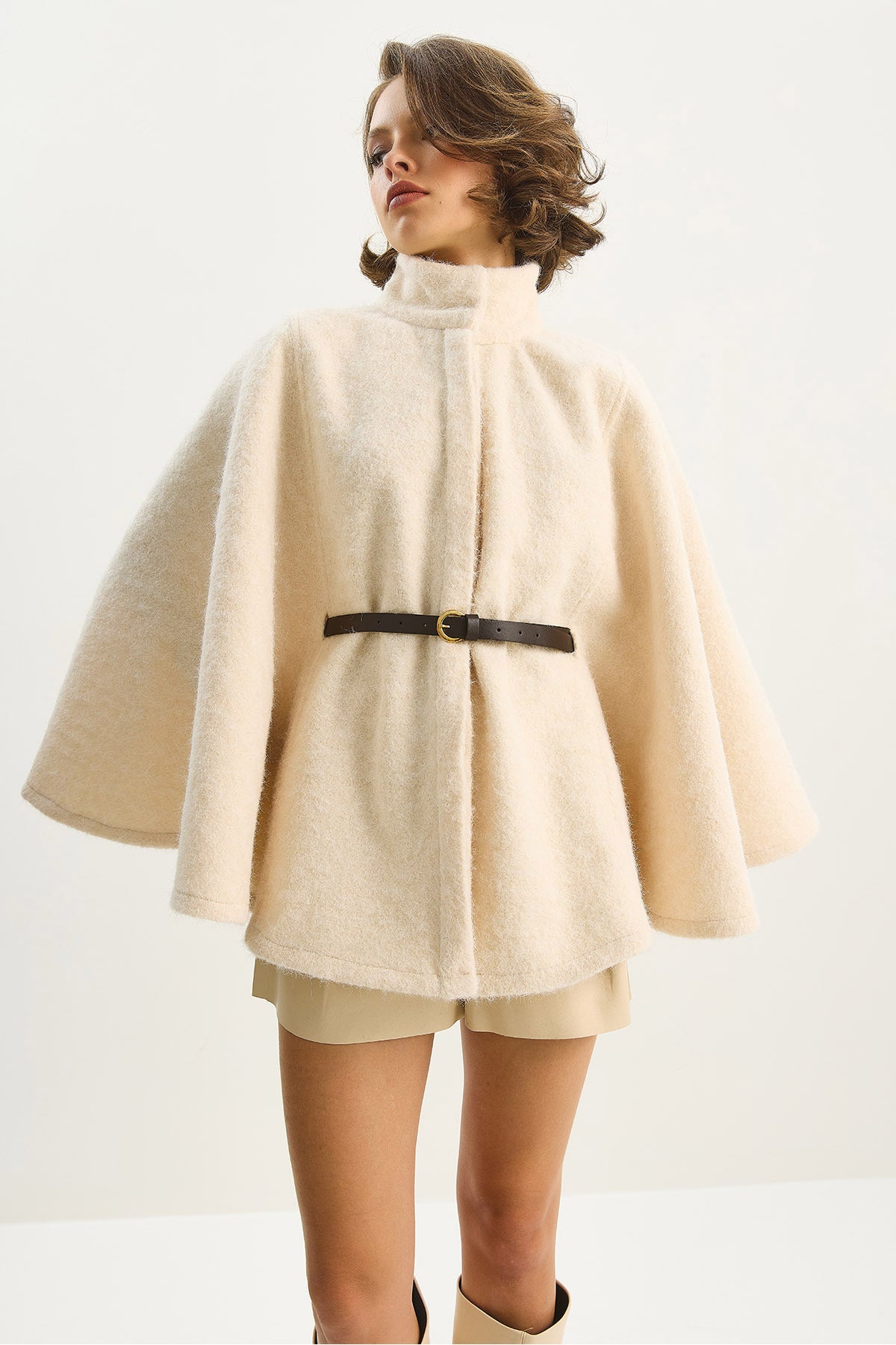 Women's Boucle Fabric Araboy Belted Stash Poncho 8014 60284101