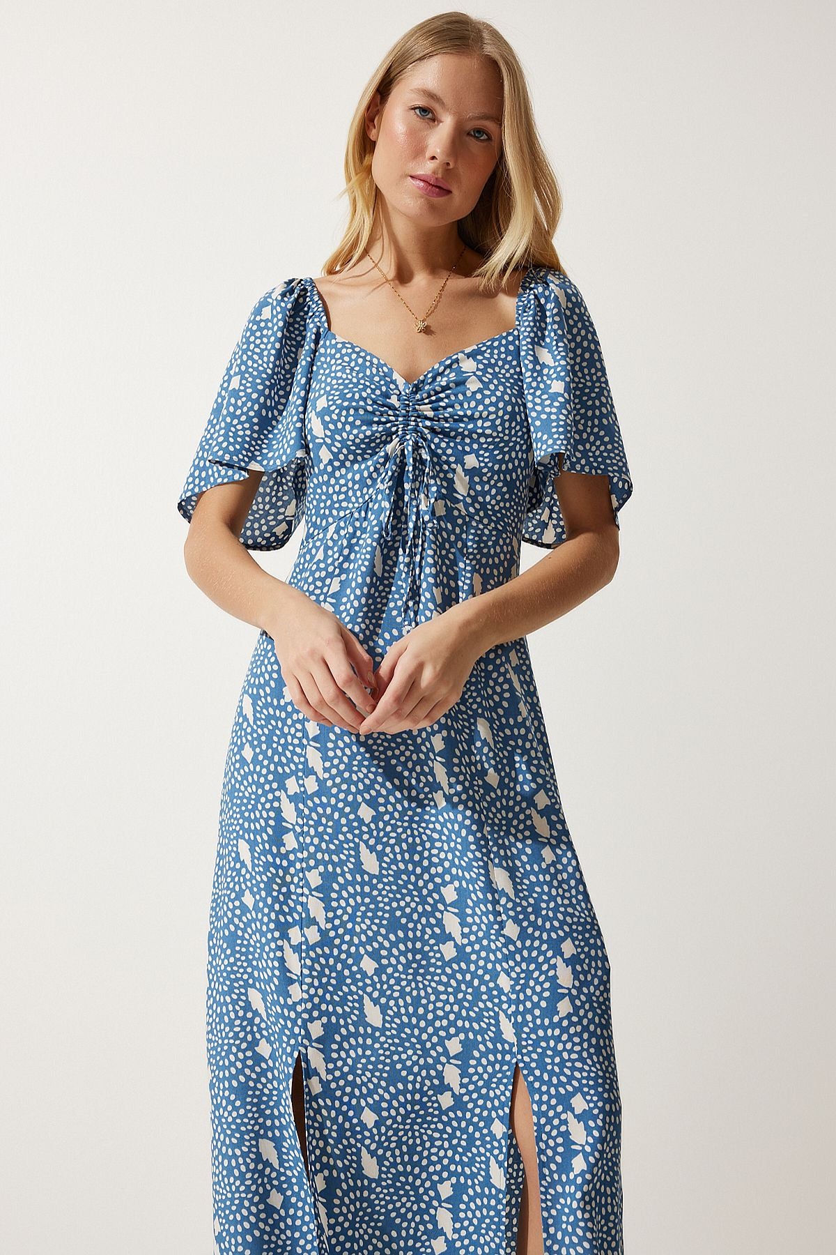 WOMEN INDIGO BLUE SPRING DETAILED VISKON DRESS UB00247