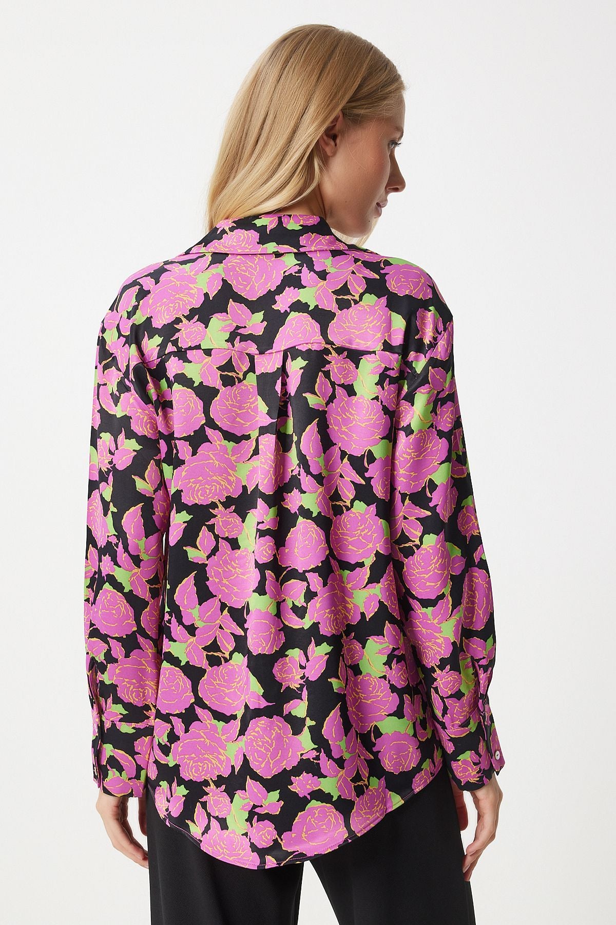 Female pink black flowering satin surface shirt HK00040