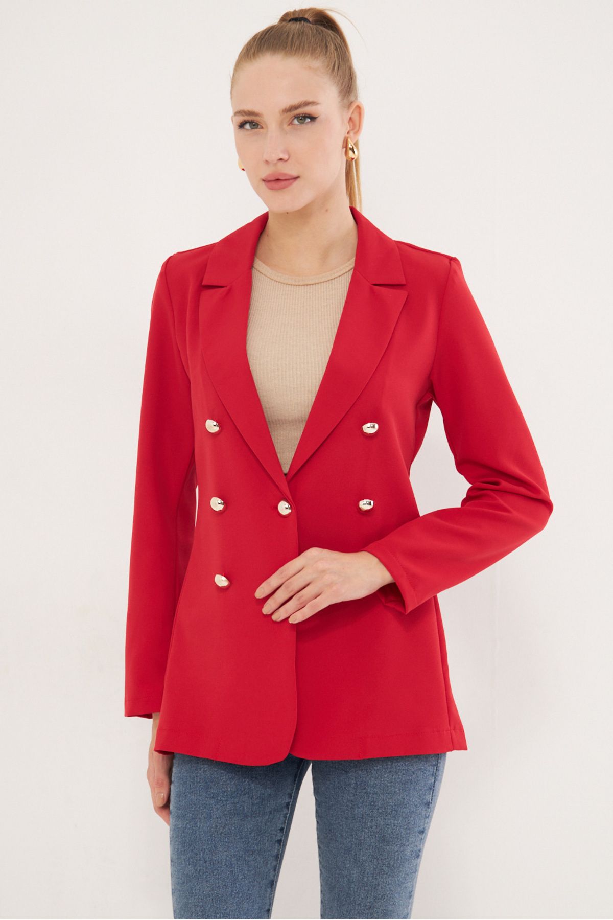 Female red button jacket ARM-20K001151
