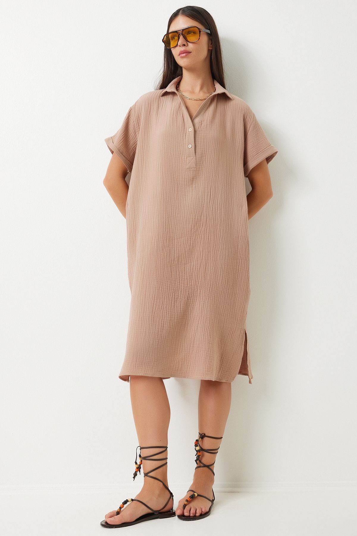 Female Biscuit Polo Yaka Cottage Plenty of Muslin Dress to00135