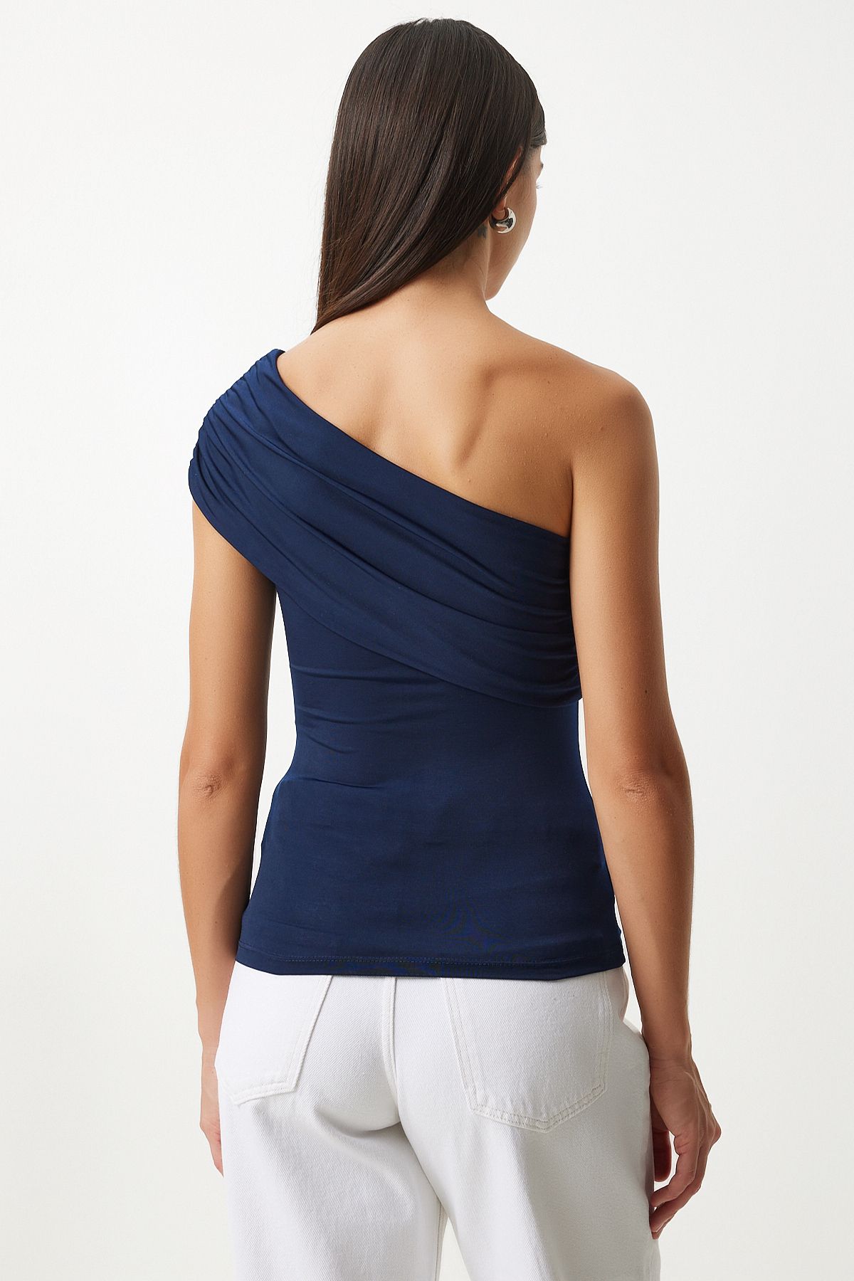 Woman Navy blue one shoulder shirred knitted blouse dz00112