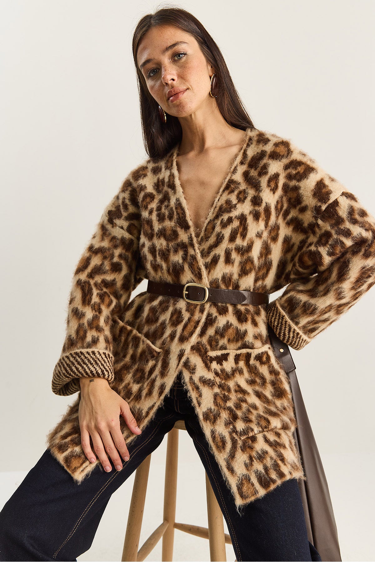 Women's Pocket Detailed Patterned Oversize Rose Gold Knitted Cardigan 20251101