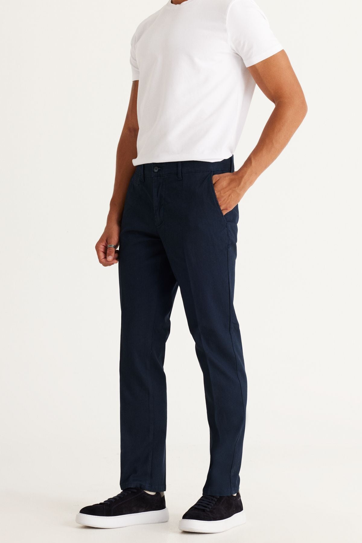 Men's navy blue comfort fit comfortable cut side mobile flexible Acharted Trousers