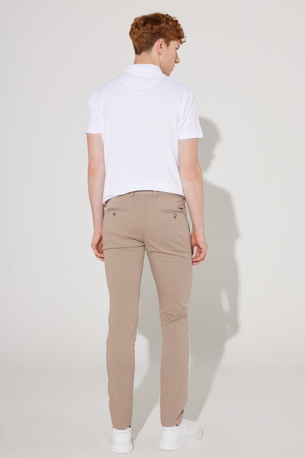 Men's Beige Slim Fit Narrow Cutting Side Pocket Cotton Diagonal Patterned Flexible Pants