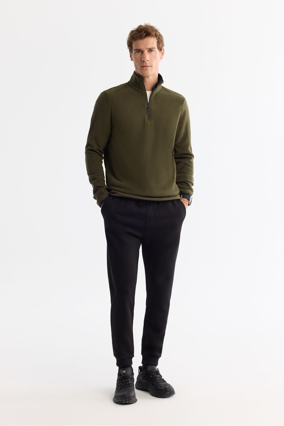 Men's green cold resistant half -zipper vertical polar sweatshirt E001068