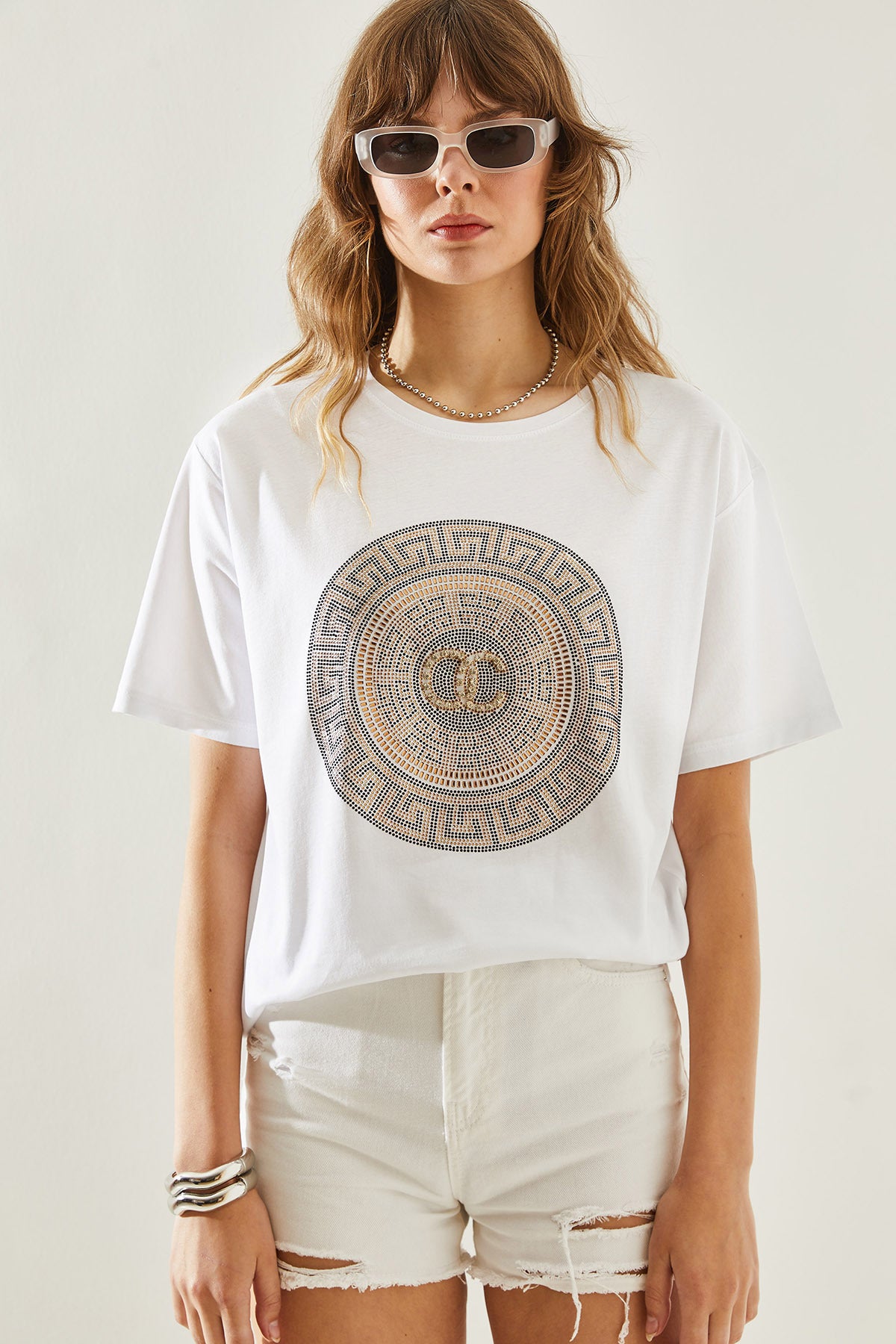 Women's Crew Neck Stone Detailed Basic Combed Cotton T-Shirt 60251238