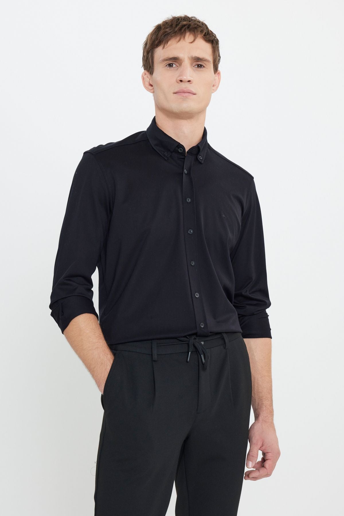 Men's black 100 %cotton slim fit narrow cut buttoned collar knitting shirt